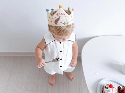 Personalized Hedgehog Birthday Crown, Hand Embroidered Linen Party Hat, Custom Name, Woodland Animal Birthday Hat, Kids Party Photo Prop
