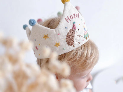 Personalized Hedgehog Birthday Crown, Hand Embroidered Linen Party Hat, Custom Name, Woodland Animal Birthday Hat, Kids Party Photo Prop