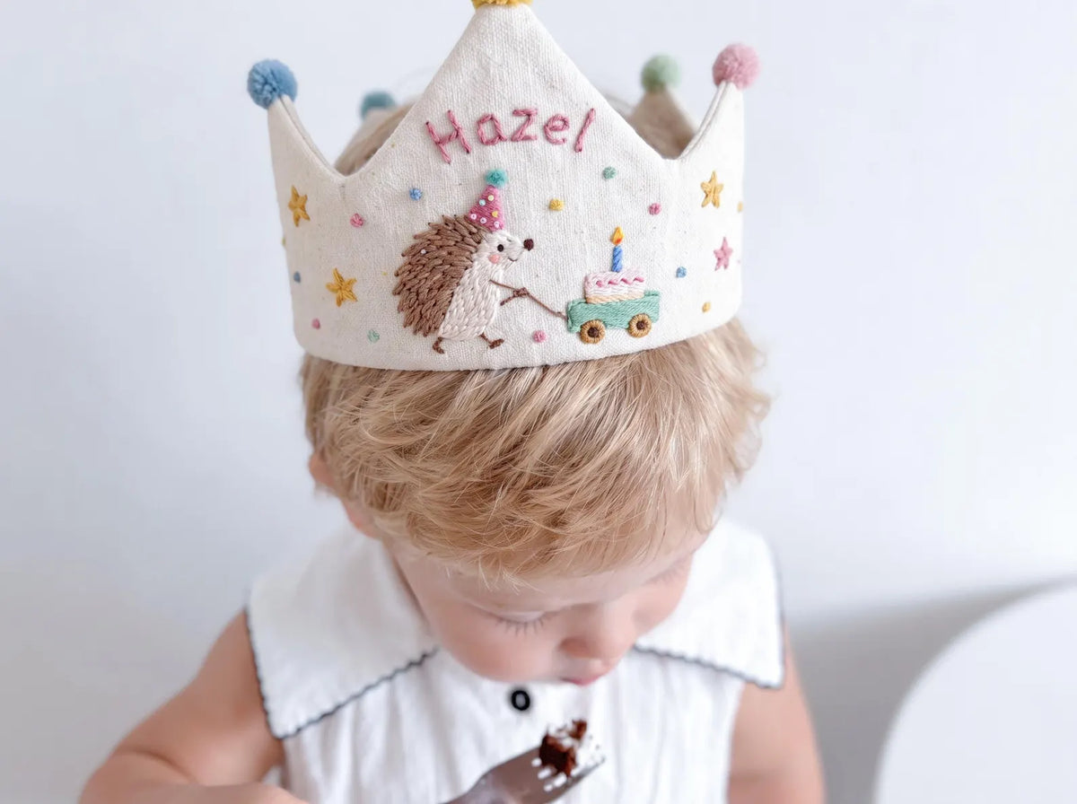 Personalized Hedgehog Birthday Crown, Hand Embroidered Linen Party Hat, Custom Name, Woodland Animal Birthday Hat, Kids Party Photo Prop