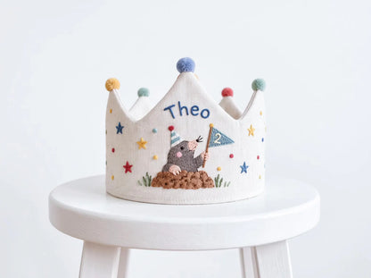 Personalized Mole Birthday Crown, Hand Embroidered Woodland Animal Party Hat, Custom Name and Age Linen Crown, 2nd Birthday Gift for Kids