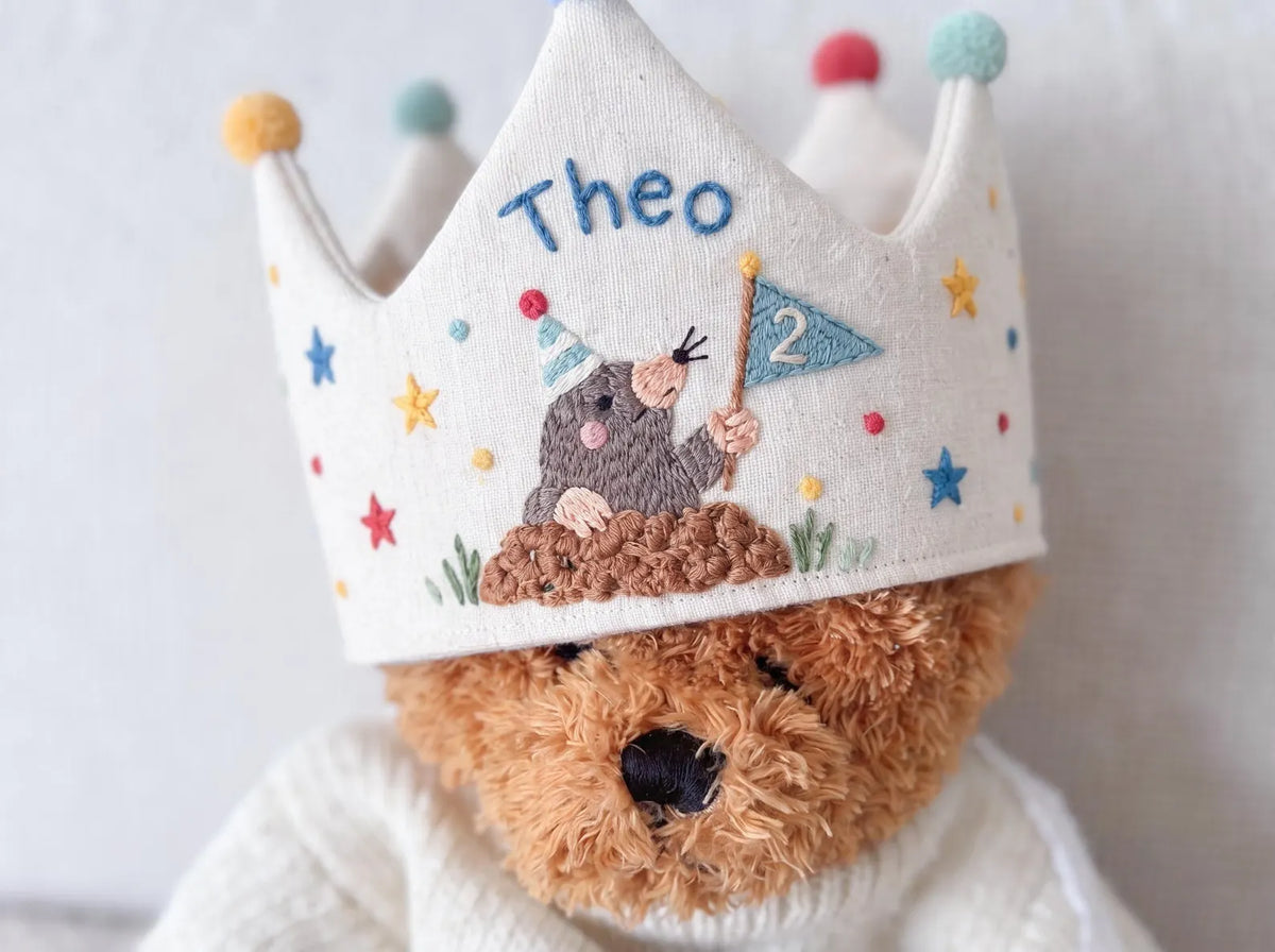 Personalized Mole Birthday Crown, Hand Embroidered Woodland Animal Party Hat, Custom Name and Age Linen Crown, 2nd Birthday Gift for Kids