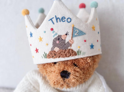 Personalized Mole Birthday Crown, Hand Embroidered Woodland Animal Party Hat, Custom Name and Age Linen Crown, 2nd Birthday Gift for Kids