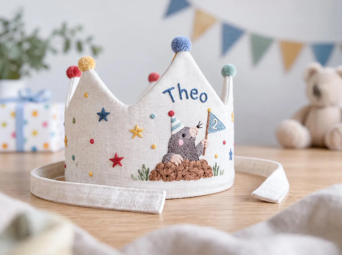 Personalized Mole Birthday Crown, Hand Embroidered Woodland Animal Party Hat, Custom Name and Age Linen Crown, 2nd Birthday Gift for Kids