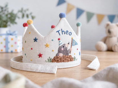 Personalized Mole Birthday Crown, Hand Embroidered Woodland Animal Party Hat, Custom Name and Age Linen Crown, 2nd Birthday Gift for Kids
