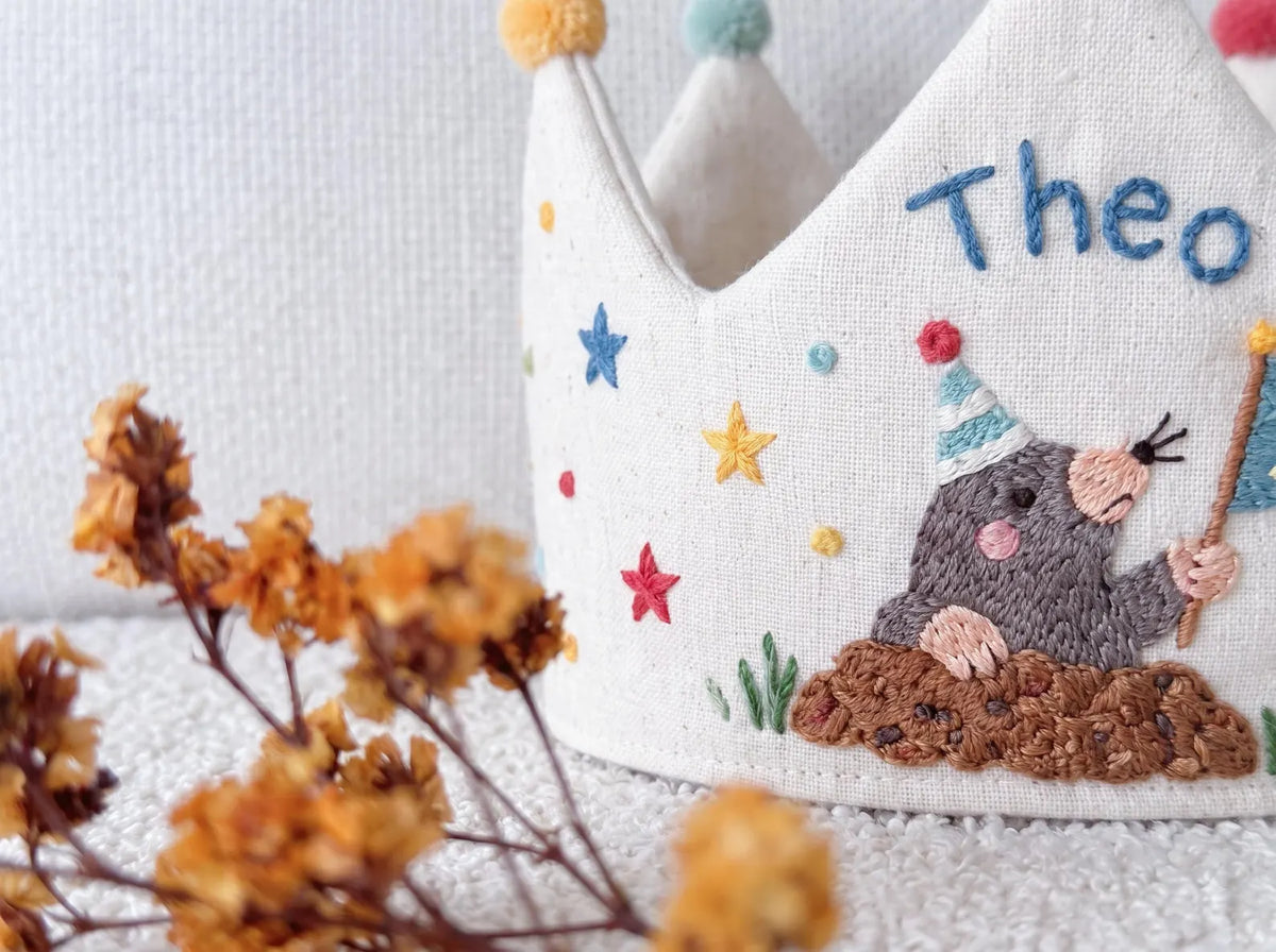 Personalized Mole Birthday Crown, Hand Embroidered Woodland Animal Party Hat, Custom Name and Age Linen Crown, 2nd Birthday Gift for Kids