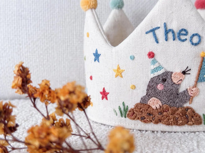 Personalized Mole Birthday Crown, Hand Embroidered Woodland Animal Party Hat, Custom Name and Age Linen Crown, 2nd Birthday Gift for Kids