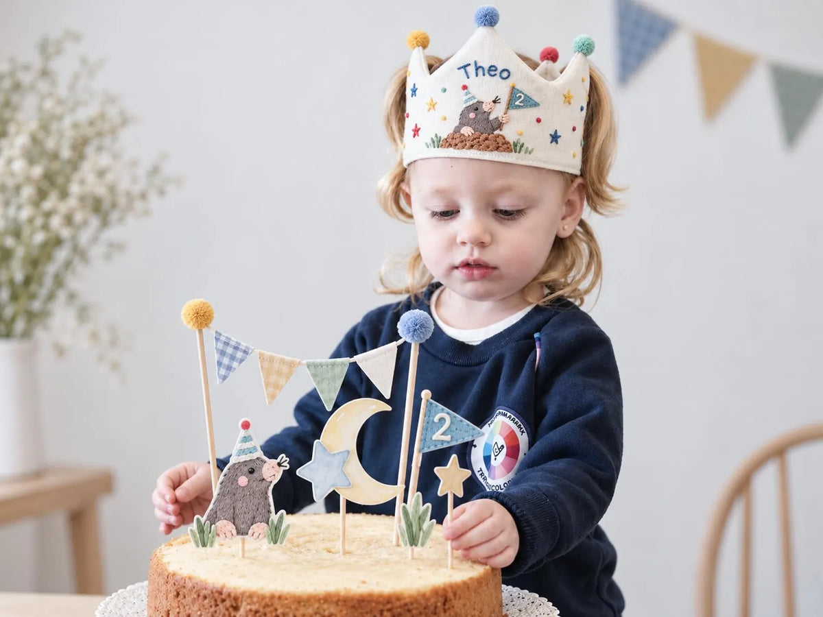 Personalized Mole Birthday Crown, Hand Embroidered Woodland Animal Party Hat, Custom Name and Age Linen Crown, 2nd Birthday Gift for Kids