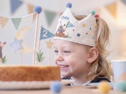 Personalized Mole Birthday Crown, Hand Embroidered Woodland Animal Party Hat, Custom Name and Age Linen Crown, 2nd Birthday Gift for Kids