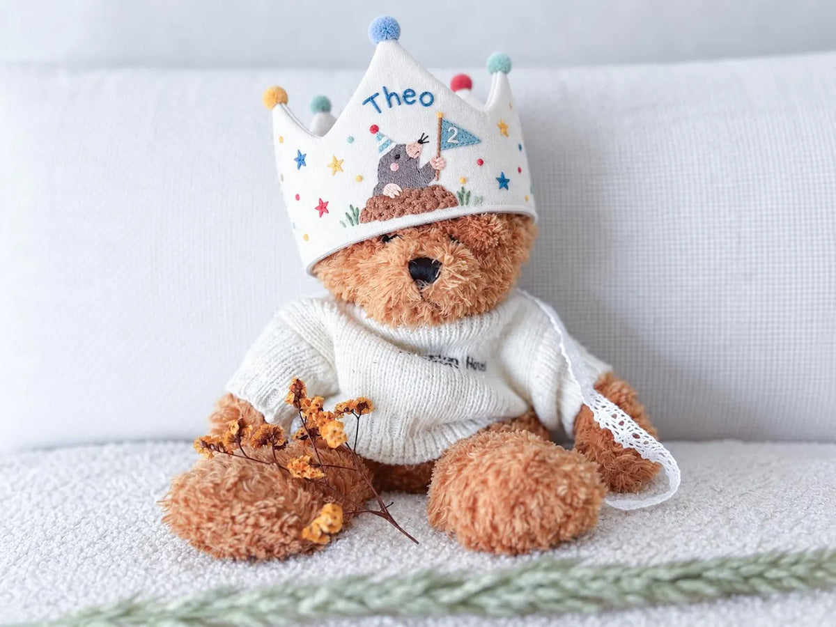 Personalized Mole Birthday Crown, Hand Embroidered Woodland Animal Party Hat, Custom Name and Age Linen Crown, 2nd Birthday Gift for Kids