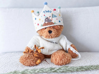 Personalized Mole Birthday Crown, Hand Embroidered Woodland Animal Party Hat, Custom Name and Age Linen Crown, 2nd Birthday Gift for Kids