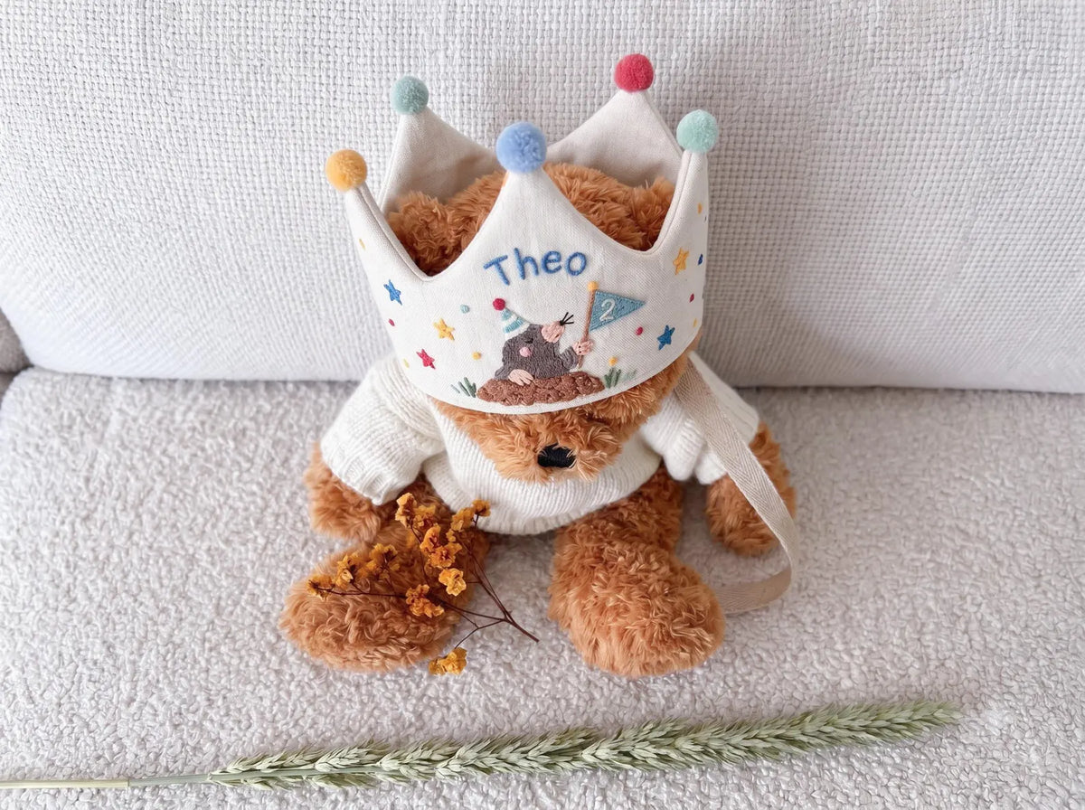 Personalized Mole Birthday Crown, Hand Embroidered Woodland Animal Party Hat, Custom Name and Age Linen Crown, 2nd Birthday Gift for Kids