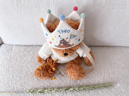 Personalized Mole Birthday Crown, Hand Embroidered Woodland Animal Party Hat, Custom Name and Age Linen Crown, 2nd Birthday Gift for Kids