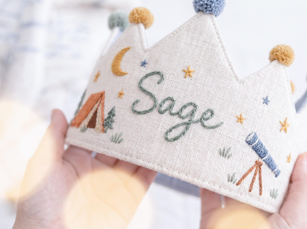 Personalized Camping Birthday Crown, Hand Embroidered Linen Party Hat, Custom Name, Moon and Stars Woodland Adventure Kids Birthday Crown