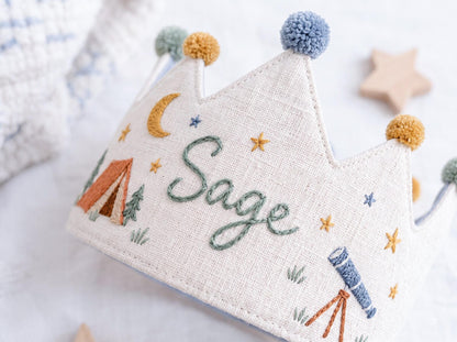 Personalized Camping Birthday Crown, Hand Embroidered Linen Party Hat, Custom Name, Moon and Stars Woodland Adventure Kids Birthday Crown