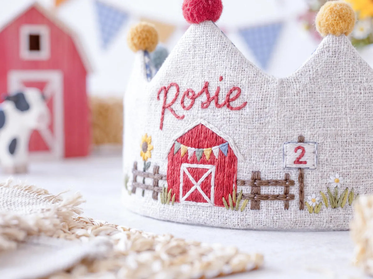 Personalized Farm Birthday Crown, Hand Embroidered Red Barn Linen Party Hat, Custom Name and Age, Farm Animal 2nd Birthday Party Photo Prop