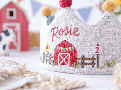 Personalized Farm Birthday Crown, Hand Embroidered Red Barn Linen Party Hat, Custom Name and Age, Farm Animal 2nd Birthday Party Photo Prop