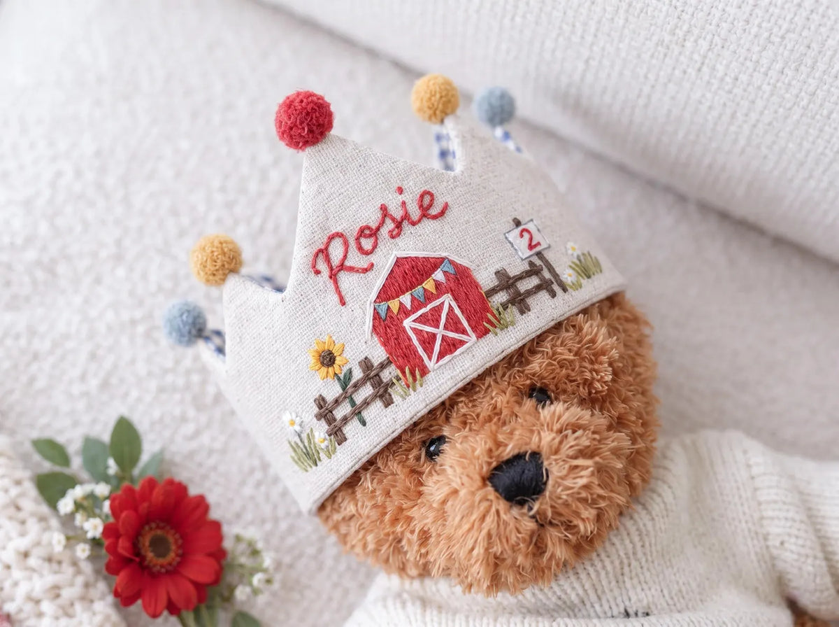 Personalized Farm Birthday Crown, Hand Embroidered Red Barn Linen Party Hat, Custom Name and Age, Farm Animal 2nd Birthday Party Photo Prop