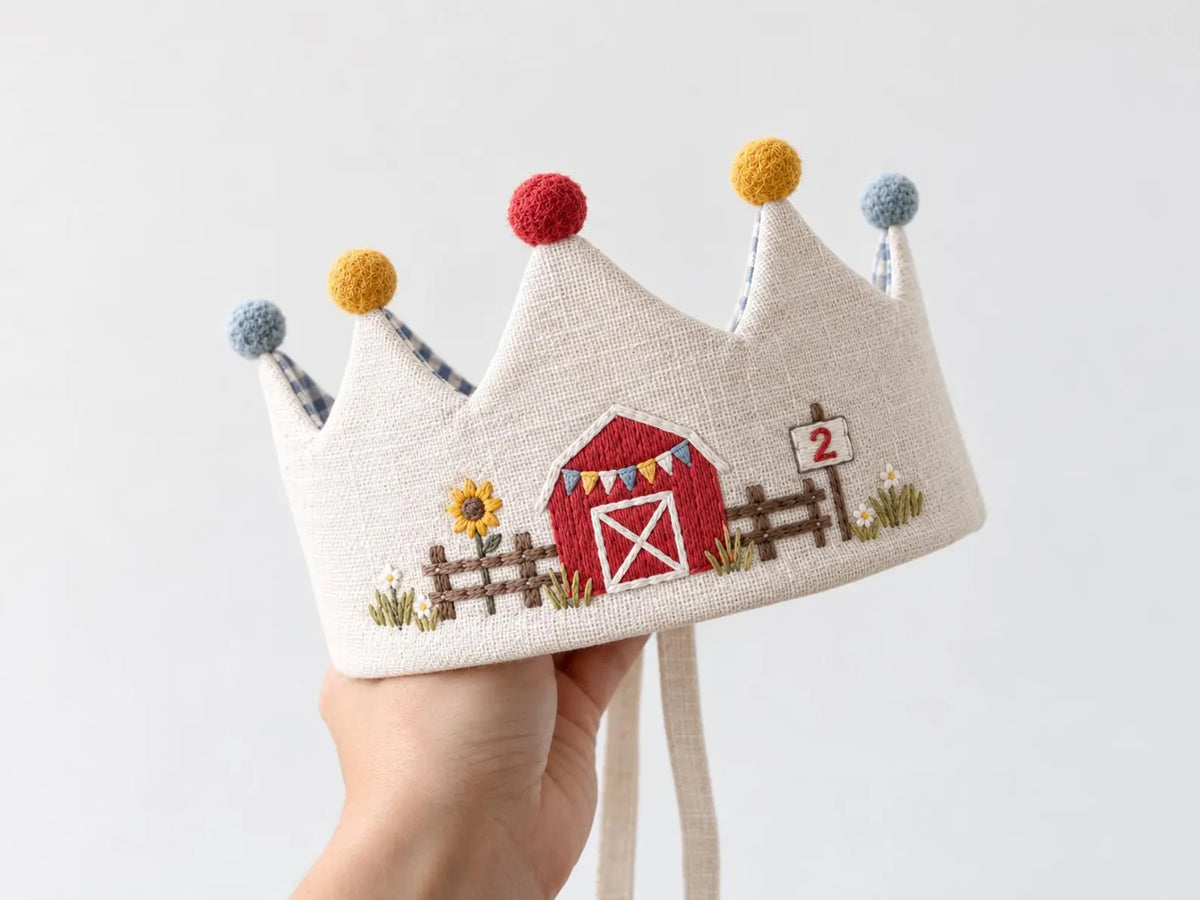 Personalized Farm Birthday Crown, Hand Embroidered Red Barn Linen Party Hat, Custom Name and Age, Farm Animal 2nd Birthday Party Photo Prop