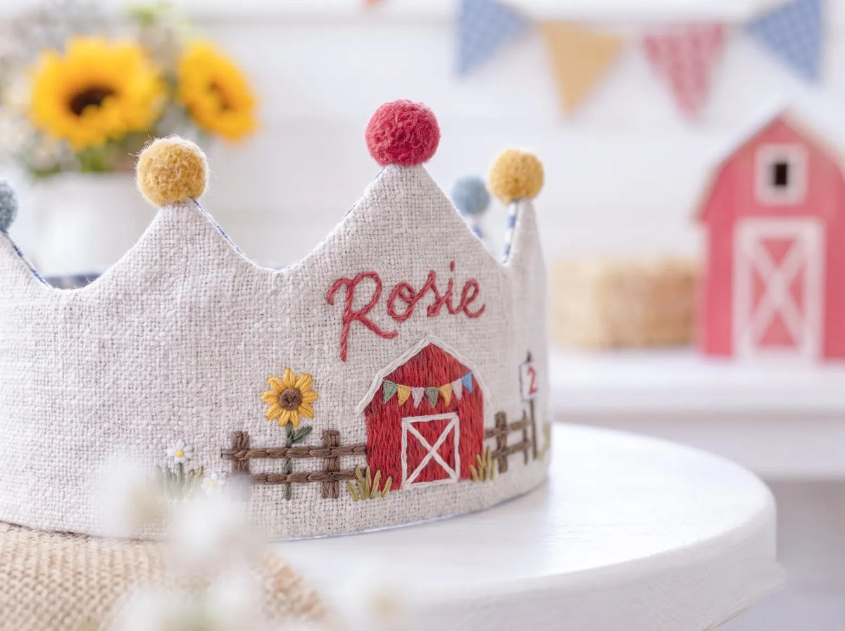 Personalized Farm Birthday Crown, Hand Embroidered Red Barn Linen Party Hat, Custom Name and Age, Farm Animal 2nd Birthday Party Photo Prop