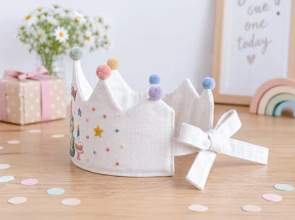 Personalized Frog Birthday Crown, Hand Embroidered Linen Party Hat, Custom Name, Cute Frog First Birthday Crown, Woodland Kids Birthday Gift