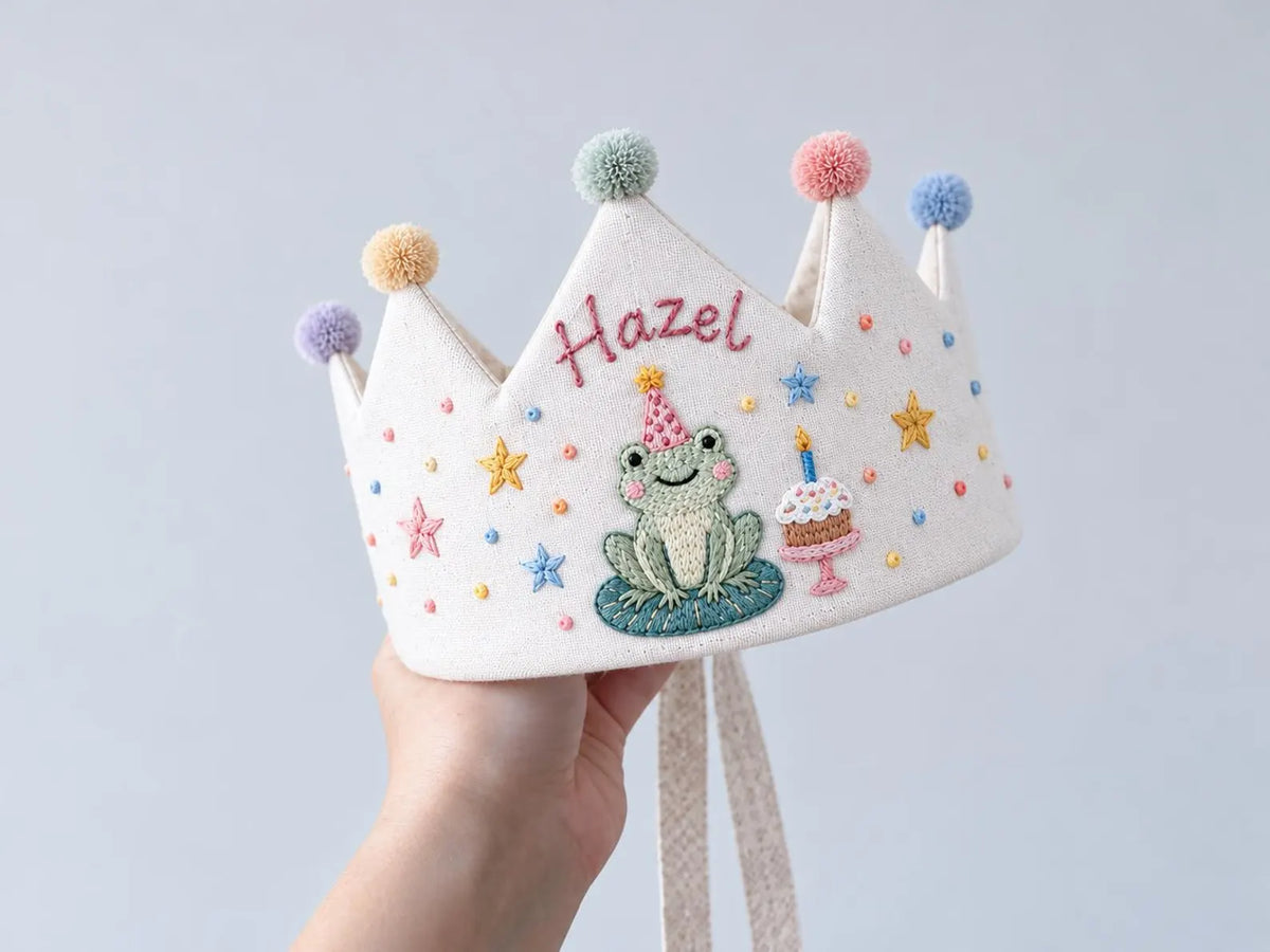 Personalized Frog Birthday Crown, Hand Embroidered Linen Party Hat, Custom Name, Cute Frog First Birthday Crown, Woodland Kids Birthday Gift