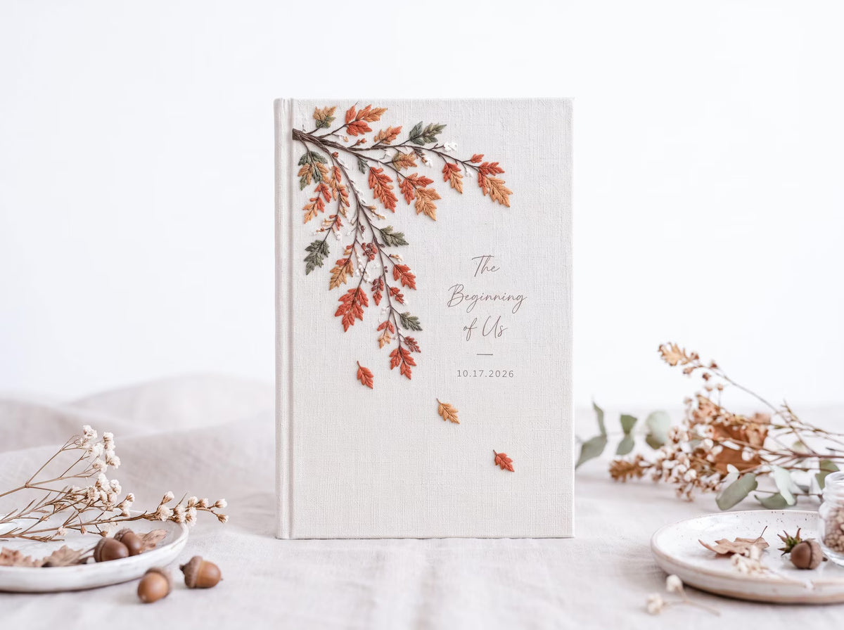 Personalized Fall Wedding Guest Book, Hand Embroidered Autumn Leaves Linen Guestbook, Custom Wedding Date, Rustic Bridal Keepsake