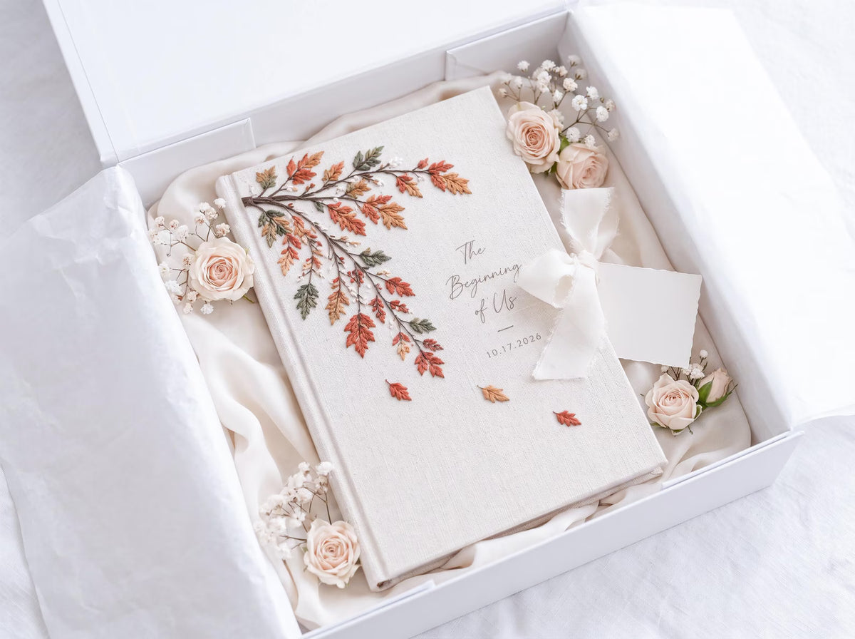Personalized Fall Wedding Guest Book, Hand Embroidered Autumn Leaves Linen Guestbook, Custom Wedding Date, Rustic Bridal Keepsake