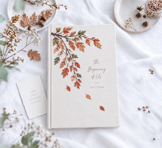 Personalized Fall Wedding Guest Book, Hand Embroidered Autumn Leaves Linen Guestbook, Custom Wedding Date, Rustic Bridal Keepsake