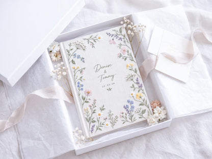 Personalized Wildflower Wedding Guest Book, Hand Embroidered Floral Linen Guestbook, Custom Names and Date, Botanical Wedding Keepsake