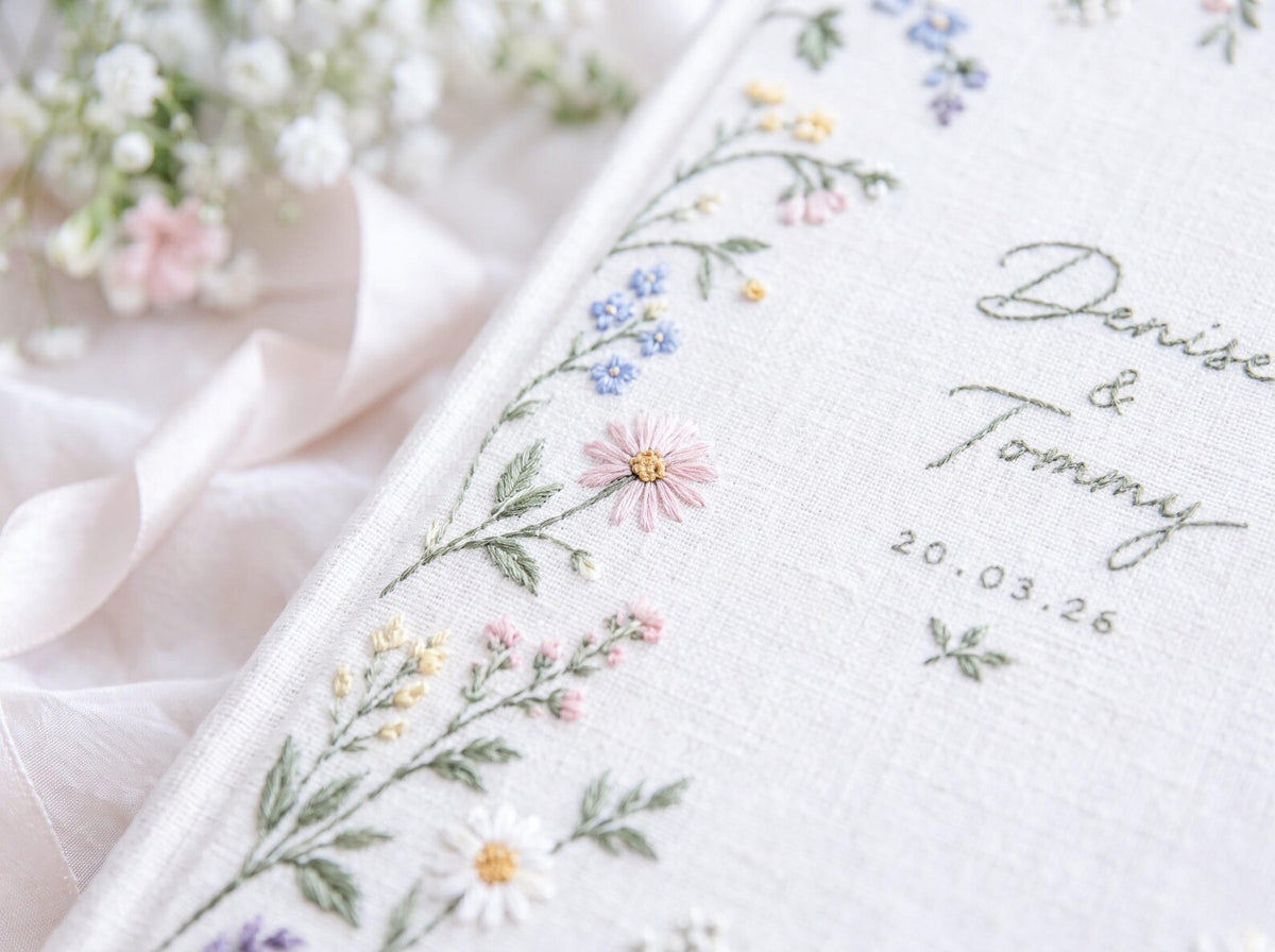Personalized Wildflower Wedding Guest Book, Hand Embroidered Floral Linen Guestbook, Custom Names and Date, Botanical Wedding Keepsake