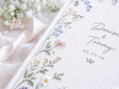 Personalized Wildflower Wedding Guest Book, Hand Embroidered Floral Linen Guestbook, Custom Names and Date, Botanical Wedding Keepsake