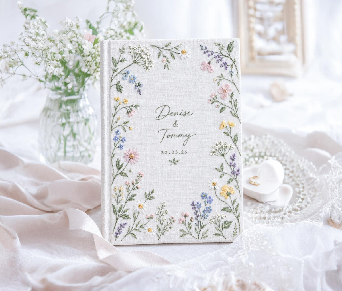 Personalized Wildflower Wedding Guest Book, Hand Embroidered Floral Linen Guestbook, Custom Names and Date, Botanical Wedding Keepsake