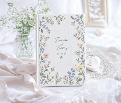 Personalized Wildflower Wedding Guest Book, Hand Embroidered Floral Linen Guestbook, Custom Names and Date, Botanical Wedding Keepsake