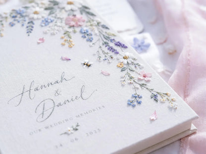 Personalized Wildflower Wedding Guest Book, Hand Embroidered Daisy Floral Linen Memory Book, Custom Names and Date, Garden Wedding Keepsake