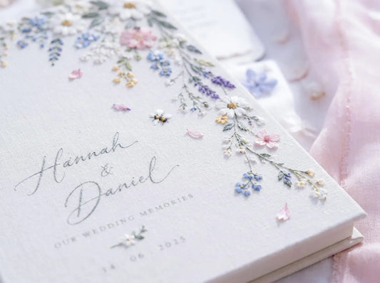 Personalized Wildflower Wedding Guest Book, Hand Embroidered Daisy Floral Linen Memory Book, Custom Names and Date, Garden Wedding Keepsake