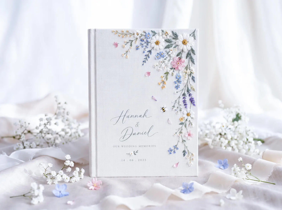 Personalized Wildflower Wedding Guest Book, Hand Embroidered Daisy Floral Linen Memory Book, Custom Names and Date, Garden Wedding Keepsake
