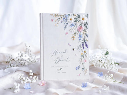 Personalized Wildflower Wedding Guest Book, Hand Embroidered Daisy Floral Linen Memory Book, Custom Names and Date, Garden Wedding Keepsake