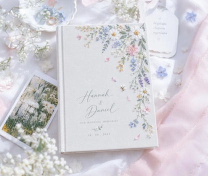 Personalized Wildflower Wedding Guest Book, Hand Embroidered Daisy Floral Linen Memory Book, Custom Names and Date, Garden Wedding Keepsake
