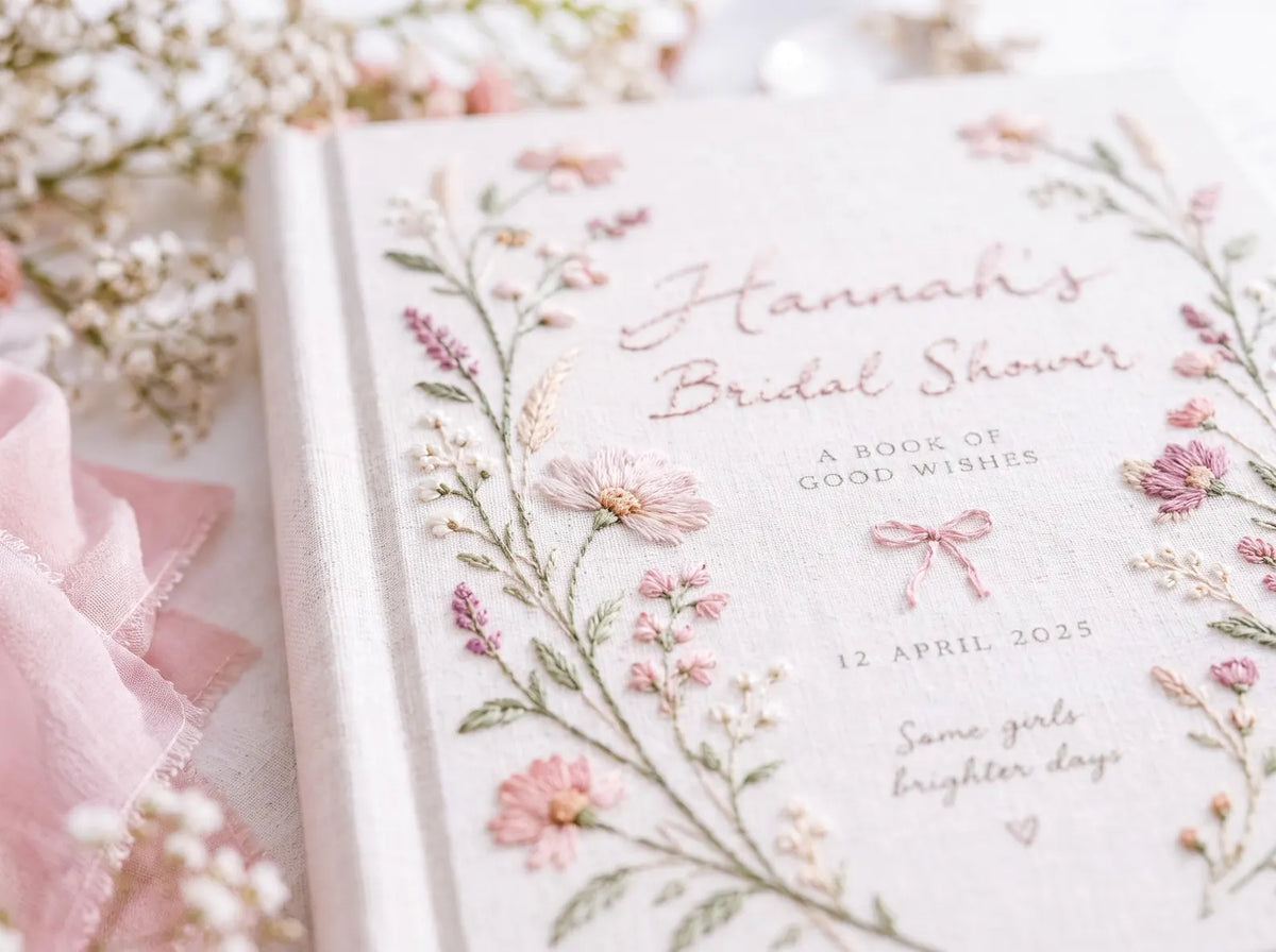 Personalized Bridal Shower Guest Book, Hand Embroidered Pink Wildflower Linen Keepsake, Custom Bride Name and Date, Bridal Shower Gift
