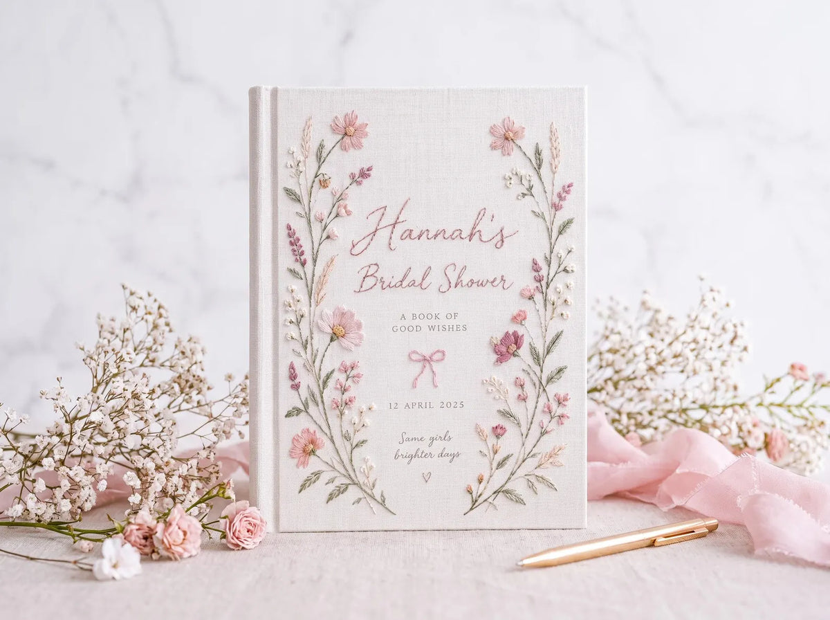 Personalized Bridal Shower Guest Book, Hand Embroidered Pink Wildflower Linen Keepsake, Custom Bride Name and Date, Bridal Shower Gift