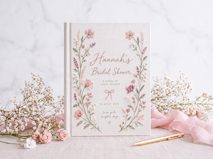 Personalized Bridal Shower Guest Book, Hand Embroidered Pink Wildflower Linen Keepsake, Custom Bride Name and Date, Bridal Shower Gift