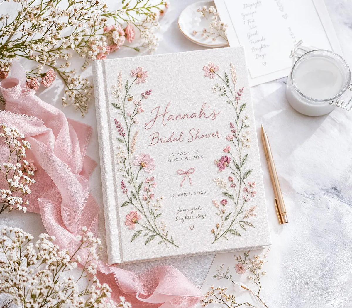 Personalized Bridal Shower Guest Book, Hand Embroidered Pink Wildflower Linen Keepsake, Custom Bride Name and Date, Bridal Shower Gift