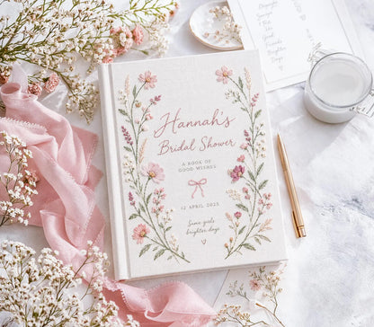 Personalized Bridal Shower Guest Book, Hand Embroidered Pink Wildflower Linen Keepsake, Custom Bride Name and Date, Bridal Shower Gift