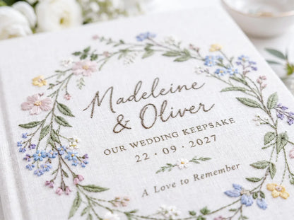 Personalized Wildflower Wedding Guest Book, Hand Embroidered Floral Wreath Linen Guestbook, Custom Names and Date, Garden Wedding Keepsake