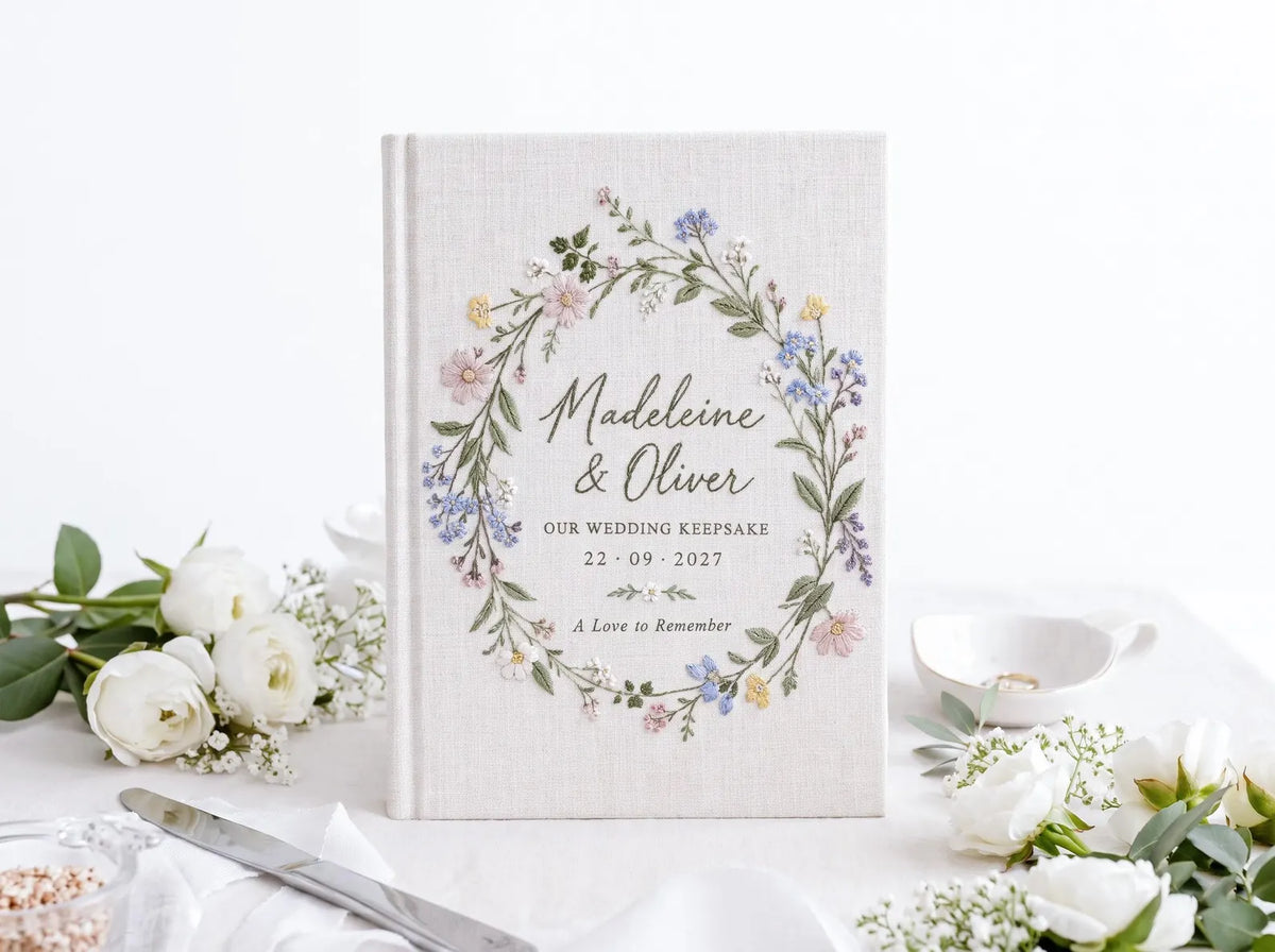 Personalized Wildflower Wedding Guest Book, Hand Embroidered Floral Wreath Linen Guestbook, Custom Names and Date, Garden Wedding Keepsake