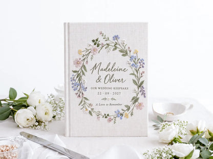 Personalized Wildflower Wedding Guest Book, Hand Embroidered Floral Wreath Linen Guestbook, Custom Names and Date, Garden Wedding Keepsake