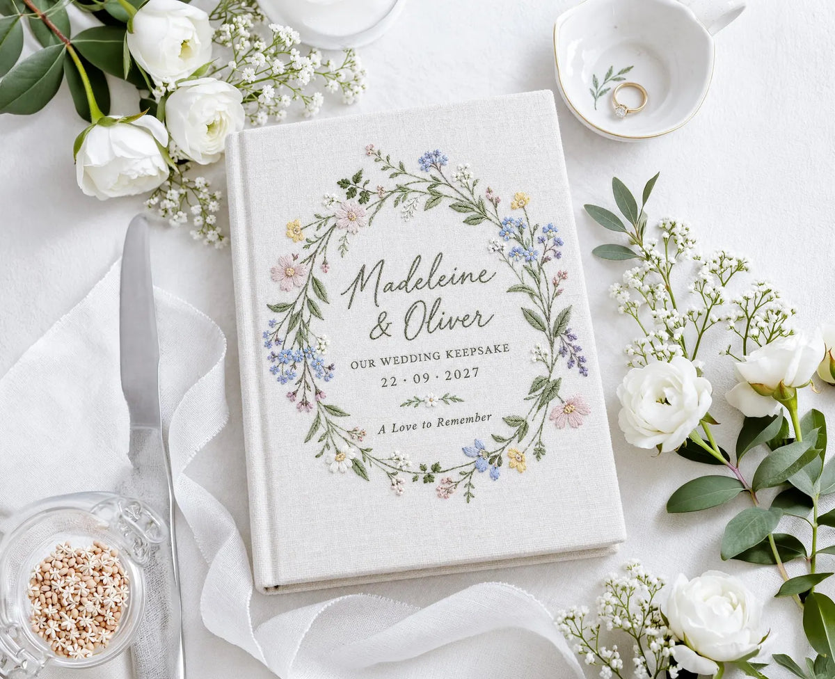 Personalized Wildflower Wedding Guest Book, Hand Embroidered Floral Wreath Linen Guestbook, Custom Names and Date, Garden Wedding Keepsake