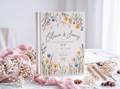 Wildflower Meadow Wedding Guest Book, Hand Embroidered Floral Garland Linen Cover, Daisy and Lavender Garden Design, Custom Names and Date