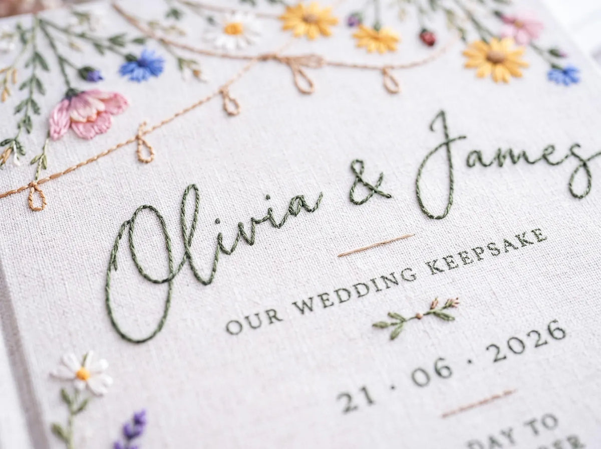 Wildflower Meadow Wedding Guest Book, Hand Embroidered Floral Garland Linen Cover, Daisy and Lavender Garden Design, Custom Names and Date