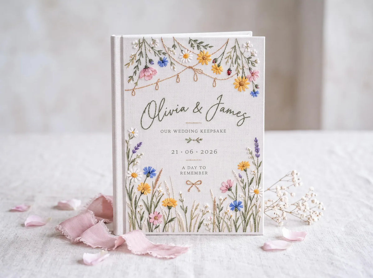 Wildflower Meadow Wedding Guest Book, Hand Embroidered Floral Garland Linen Cover, Daisy and Lavender Garden Design, Custom Names and Date